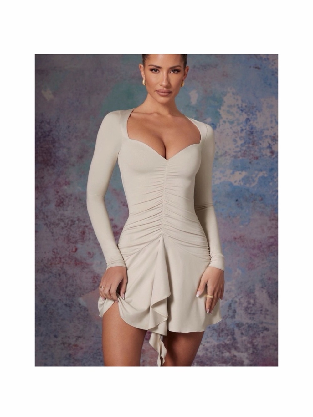 Oh Polly Cream Long Sleeve Ruched Sweetheart Mini with Draped Skirt